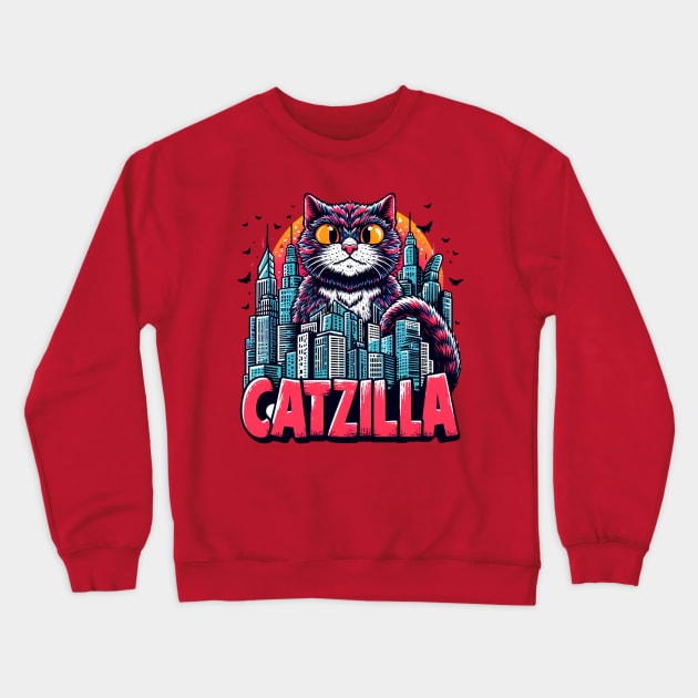 Retro Vintage Catzilla Funny Cat Crewneck Sweatshirt by Teebevies